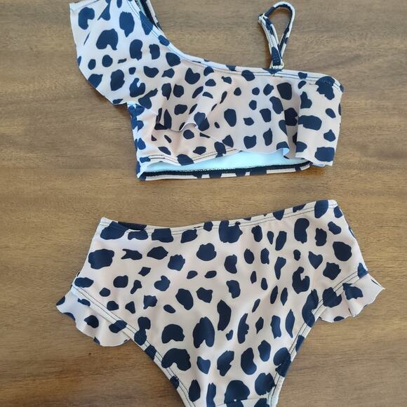 Marina West girl's two piece leopard print one shoulder ruffle top swim set 4-5 - Picture 6 of 7